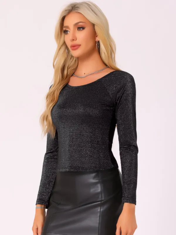 Long Sleeves Pullover Glitter Cropped Blouse sold by Allegra K