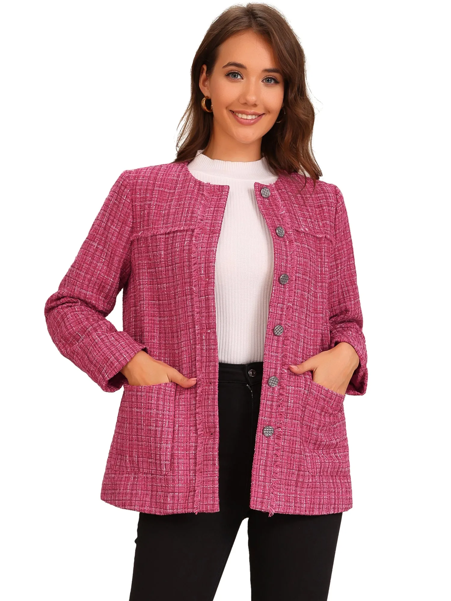 Tweed Plaid Collarless Button Down Pocketed Jacket sold by Allegra K product image thumbnail 5