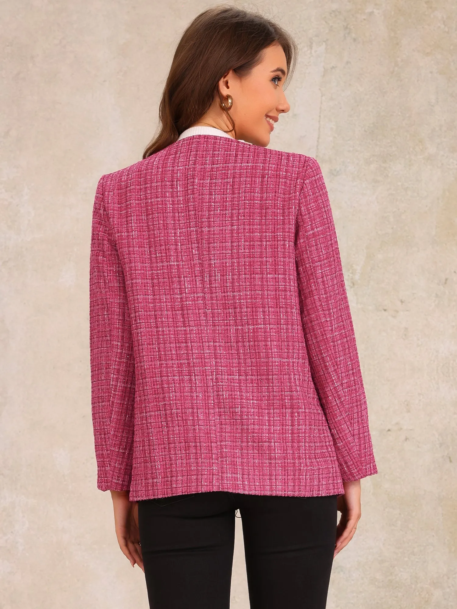 Tweed Plaid Collarless Button Down Pocketed Jacket sold by Allegra K product image thumbnail 3