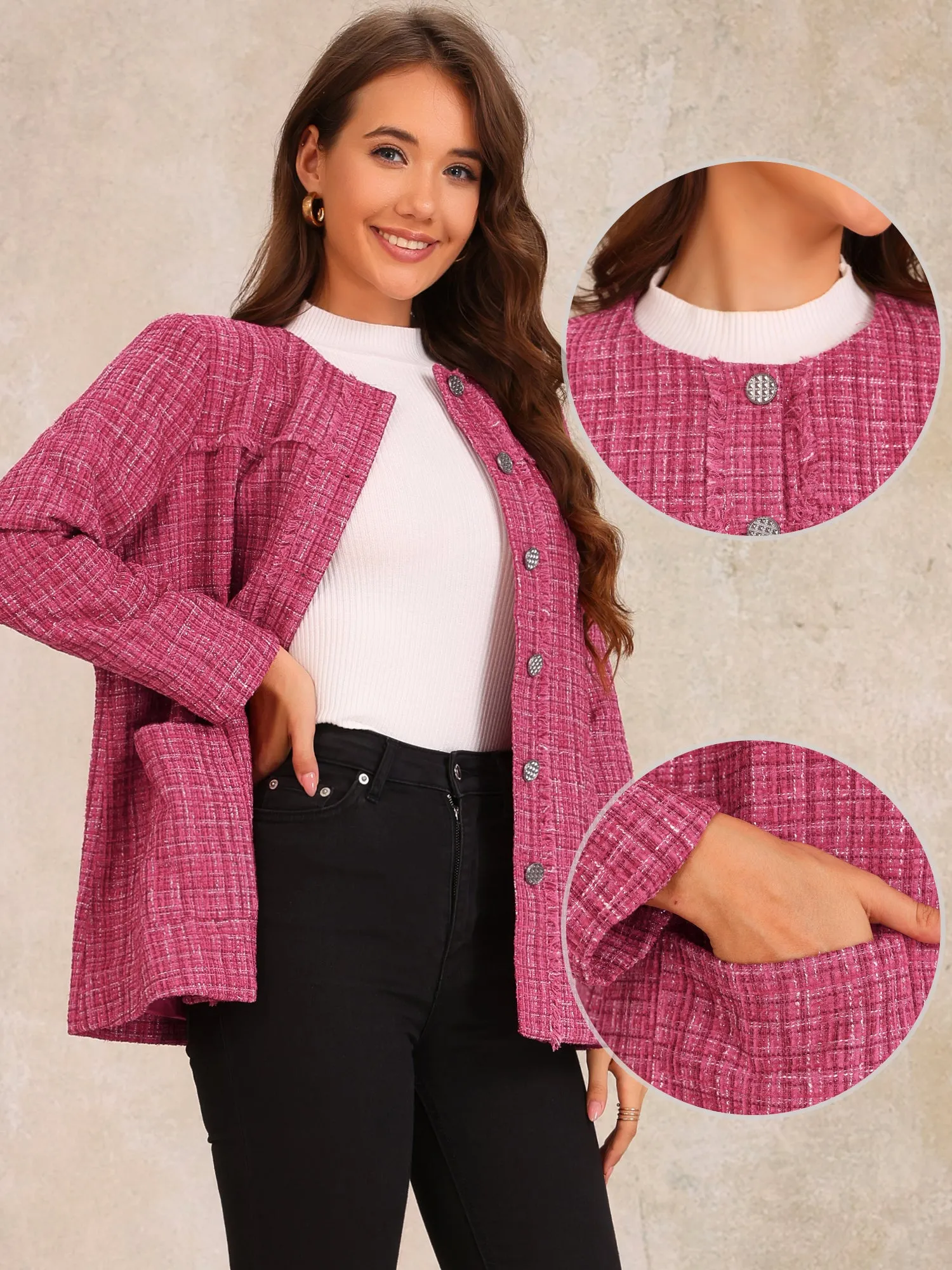 Tweed Plaid Collarless Button Down Pocketed Jacket sold by Allegra K product image thumbnail 2