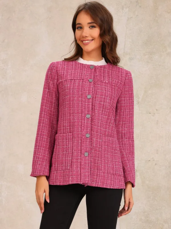 Tweed Plaid Collarless Button Down Pocketed Jacket sold by Allegra K