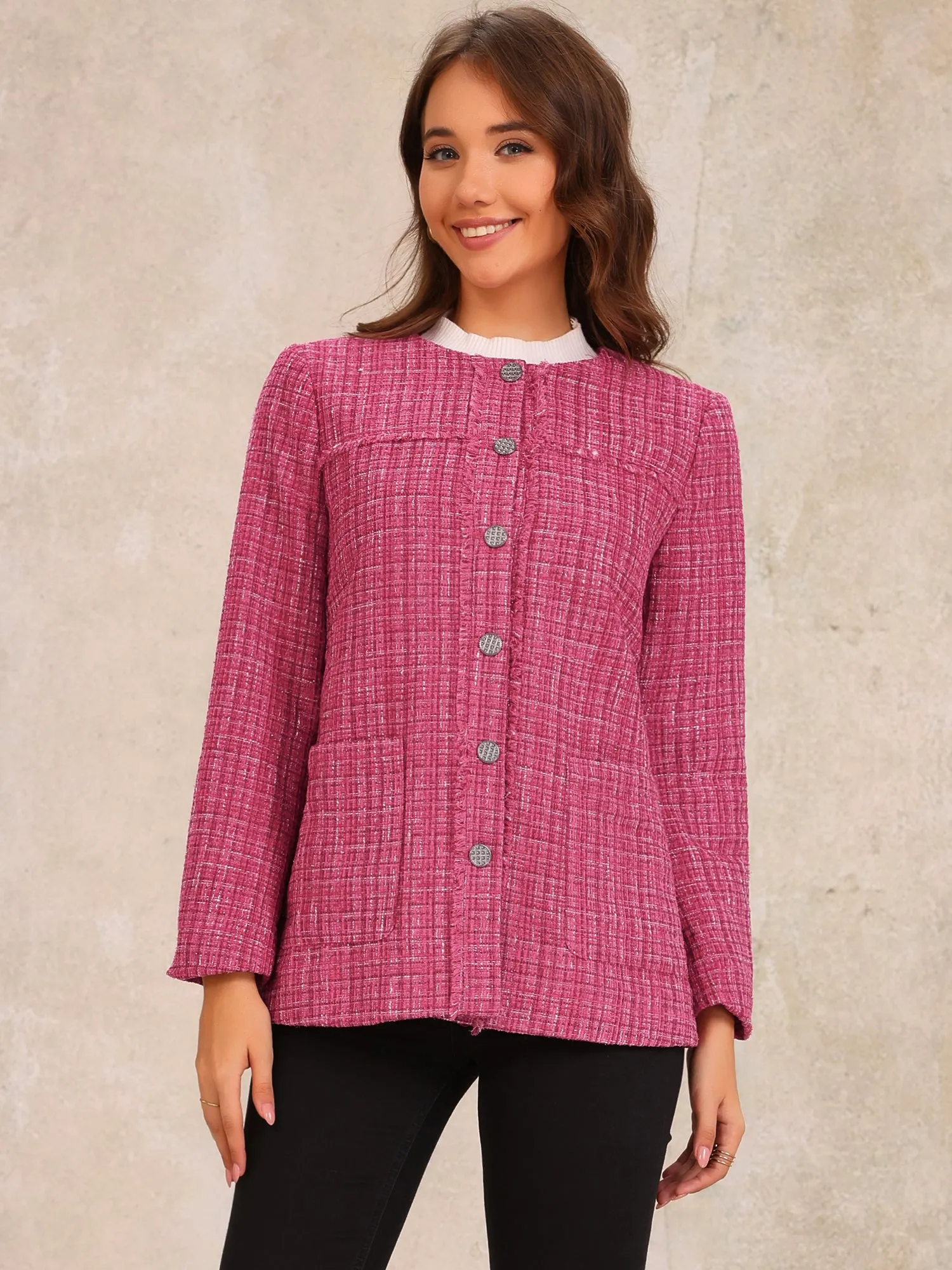 Tweed Plaid Collarless Button Down Pocketed Jacket sold by Allegra K