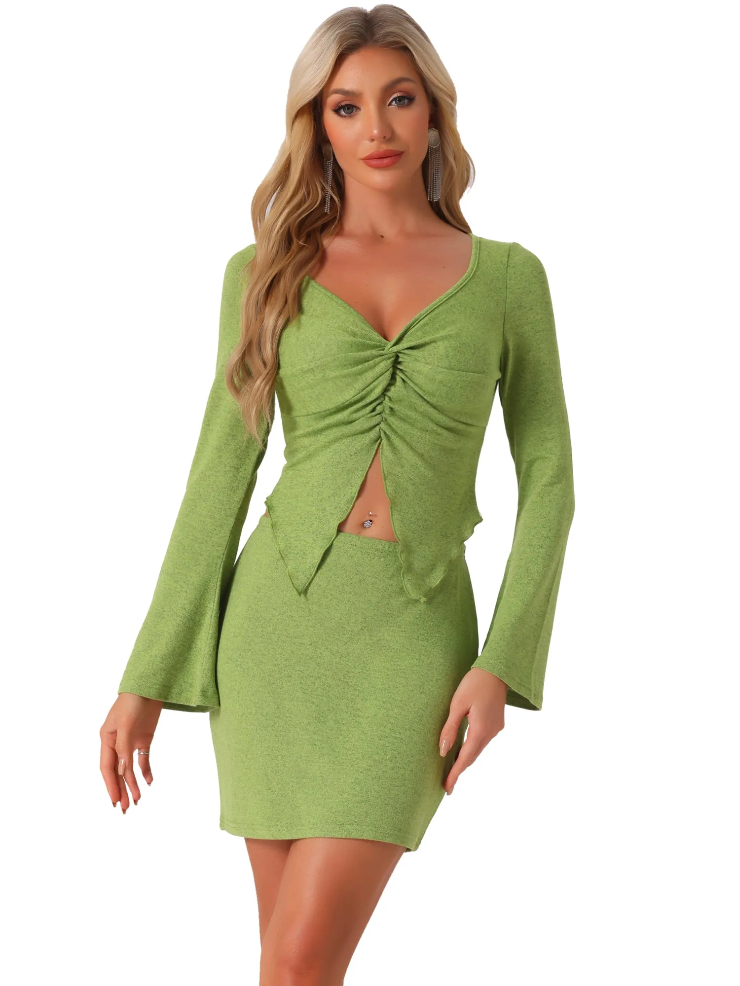 2 Pieces Twist V Neck Bell Sleeves Top & Mini Skirt Sets sold by Allegra K product image thumbnail 4