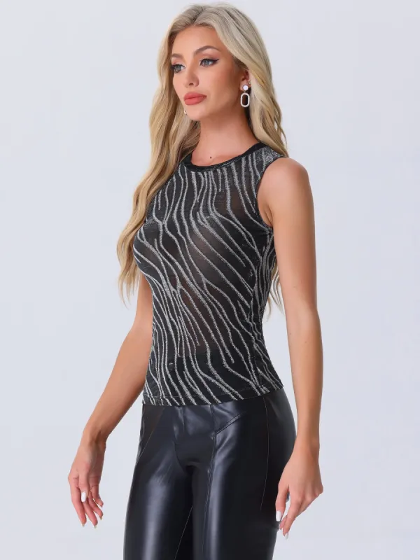 Glitter Striped Trim See Through Sparkly Sleeveless Tops sold by Allegra K