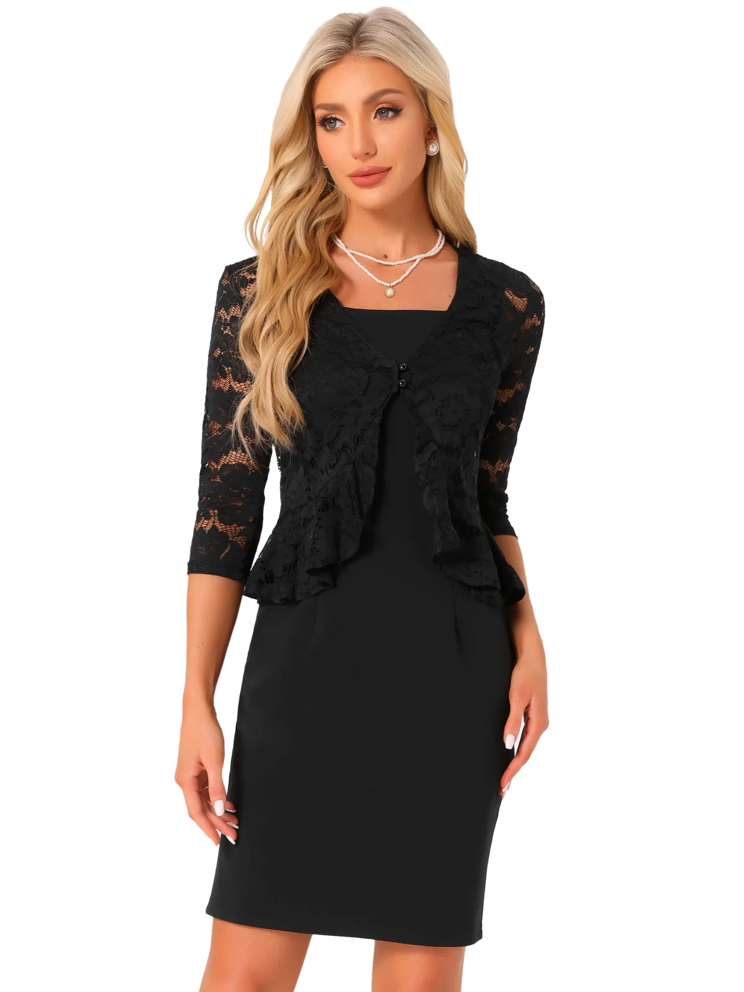 2 Pieces 3/4 Sleeves Lace Shurgs & Sleeveless Midi Sheath Dress Set sold by Allegra K product image thumbnail 5