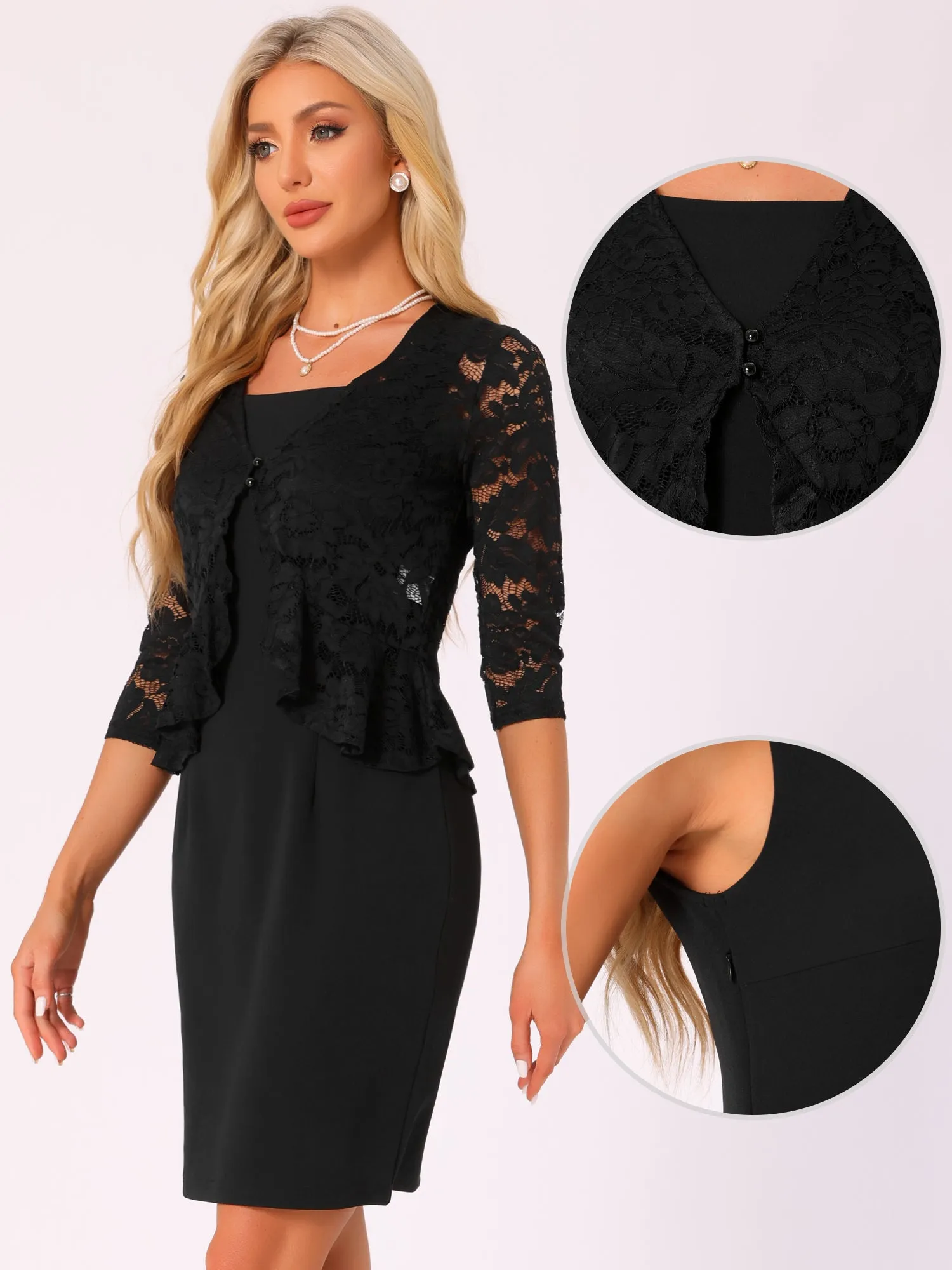 2 Pieces 3/4 Sleeves Lace Shurgs & Sleeveless Midi Sheath Dress Set sold by Allegra K