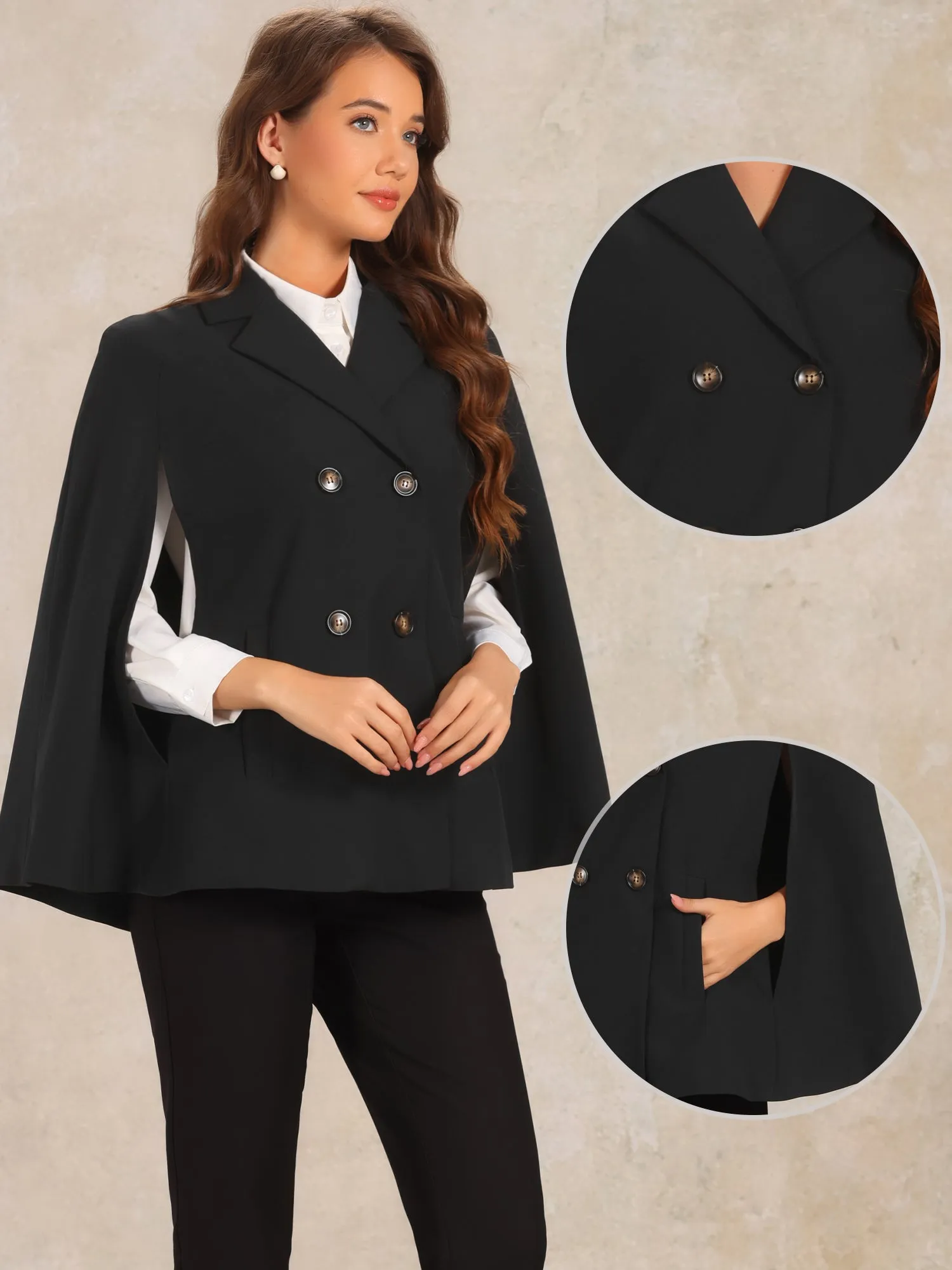 Double Breasted Notched Lapel Collar Office Cloak Cape Blazer sold by Allegra K
