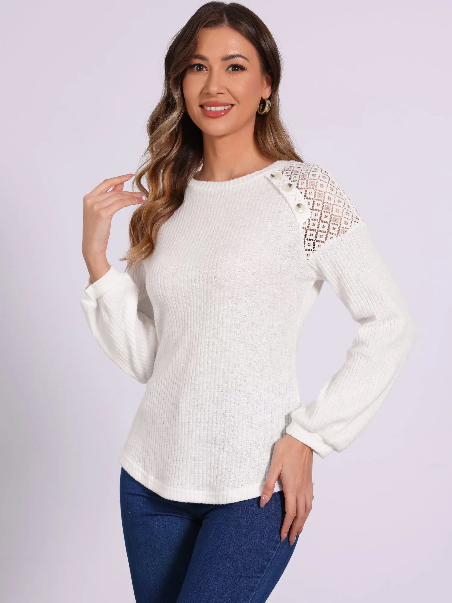 Lace-Trimmed Button Decor Long Sleeve Knit Sweater sold by Allegra K