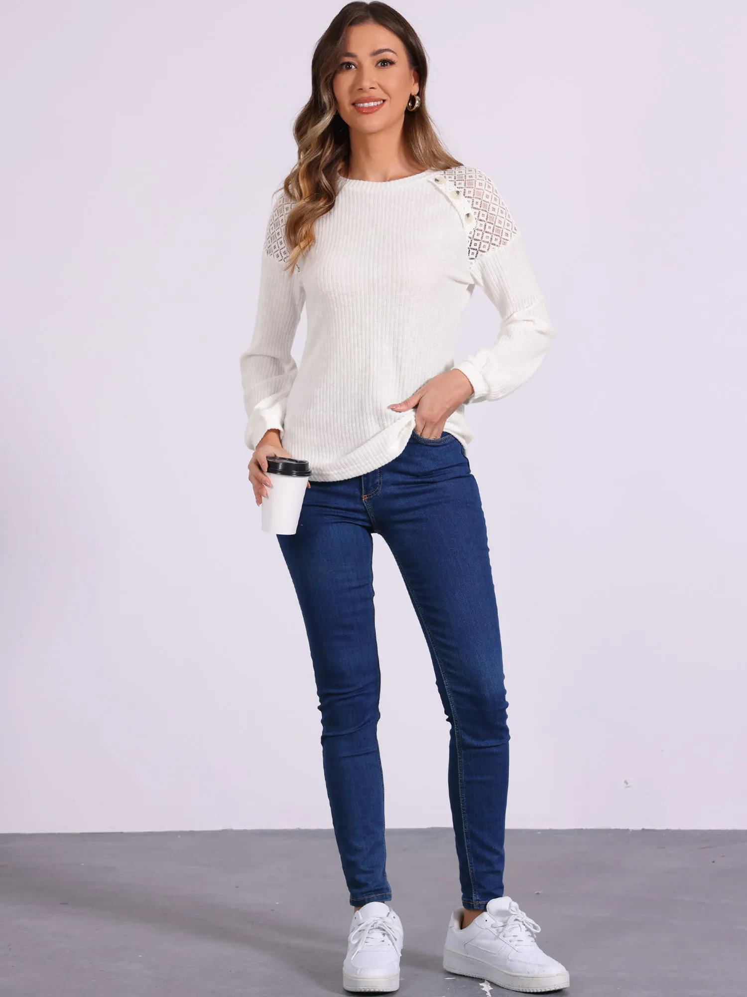 Lace-Trimmed Button Decor Long Sleeve Knit Sweater sold by Allegra K product image thumbnail 2