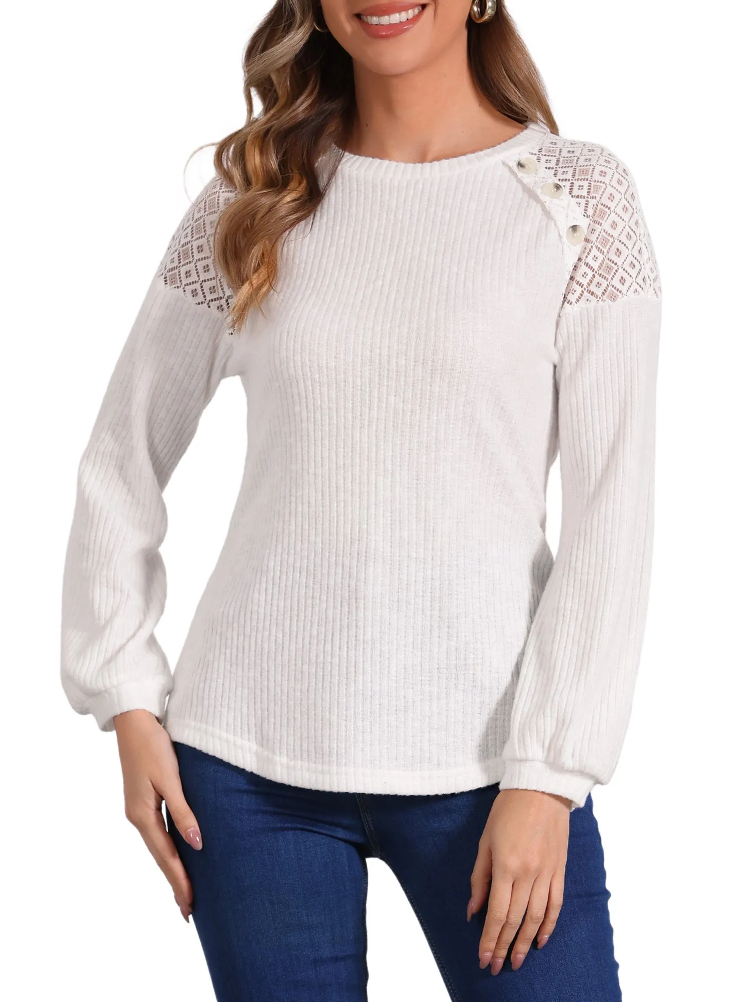 Lace-Trimmed Button Decor Long Sleeve Knit Sweater sold by Allegra K product image thumbnail 5