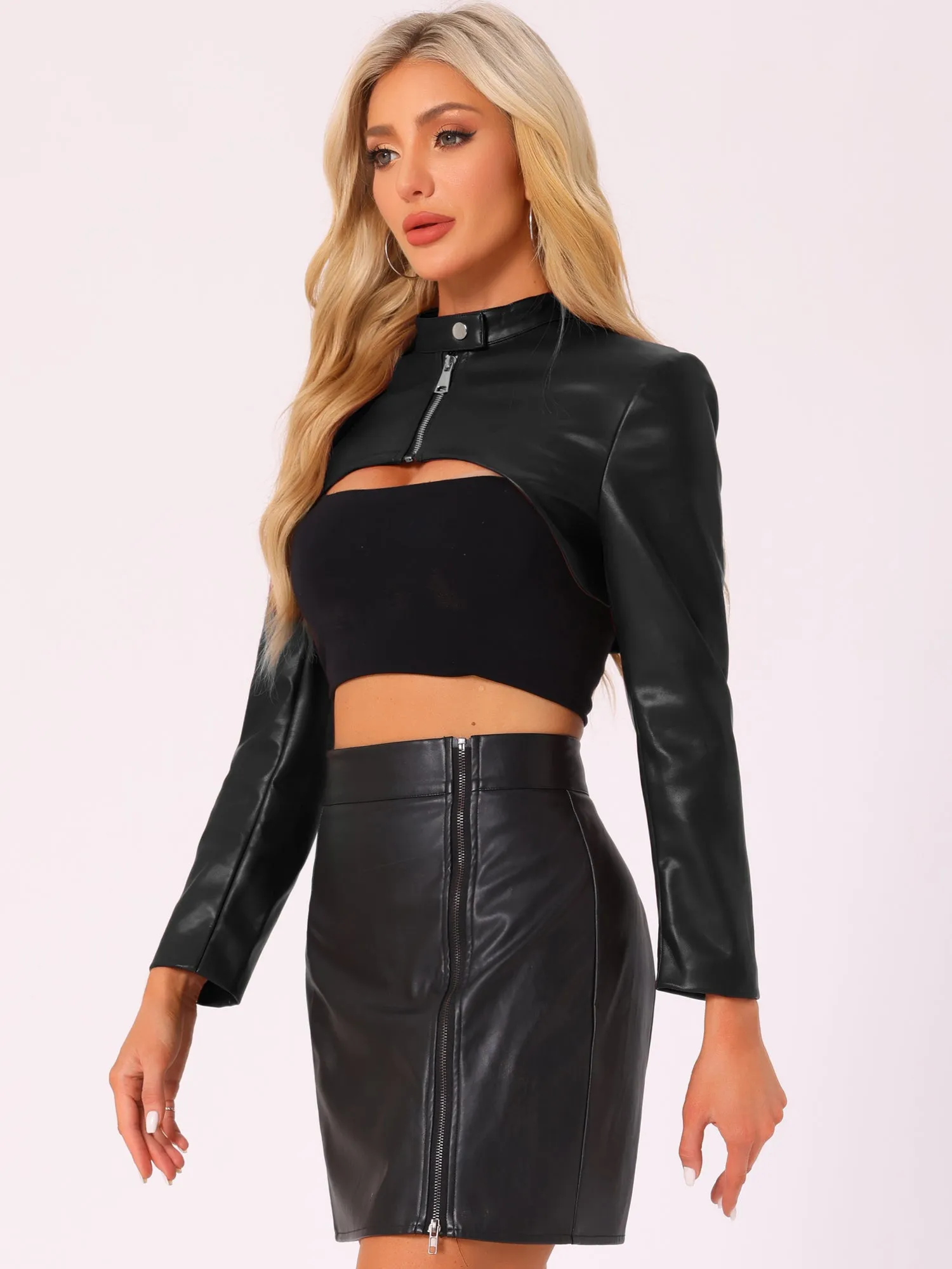 Faux Leather Stand Collar Moto Biker Cropped Jacket Shrugs sold by Allegra K product image thumbnail 2