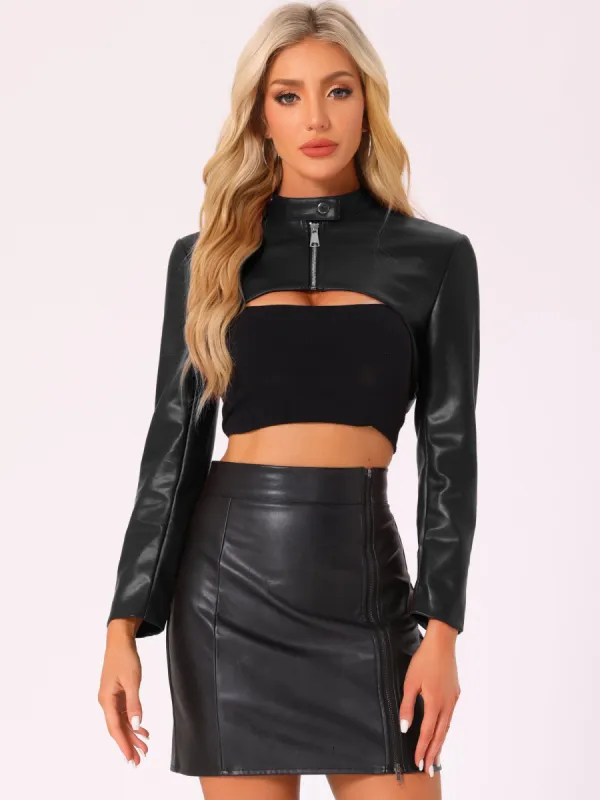 Faux Leather Stand Collar Moto Biker Cropped Jacket Shrugs sold by Allegra K