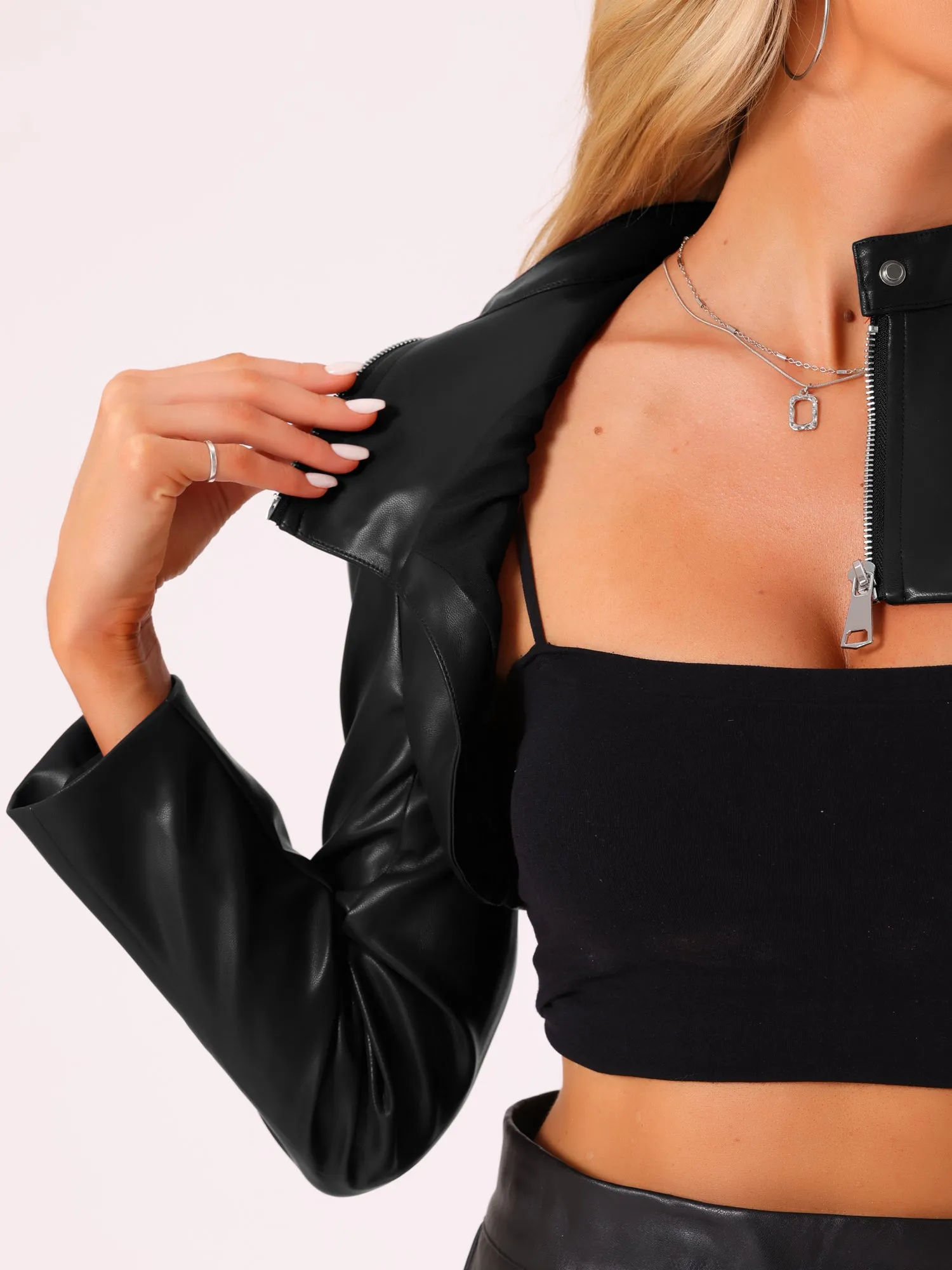 Faux Leather Stand Collar Moto Biker Cropped Jacket Shrugs sold by Allegra K product image thumbnail 4