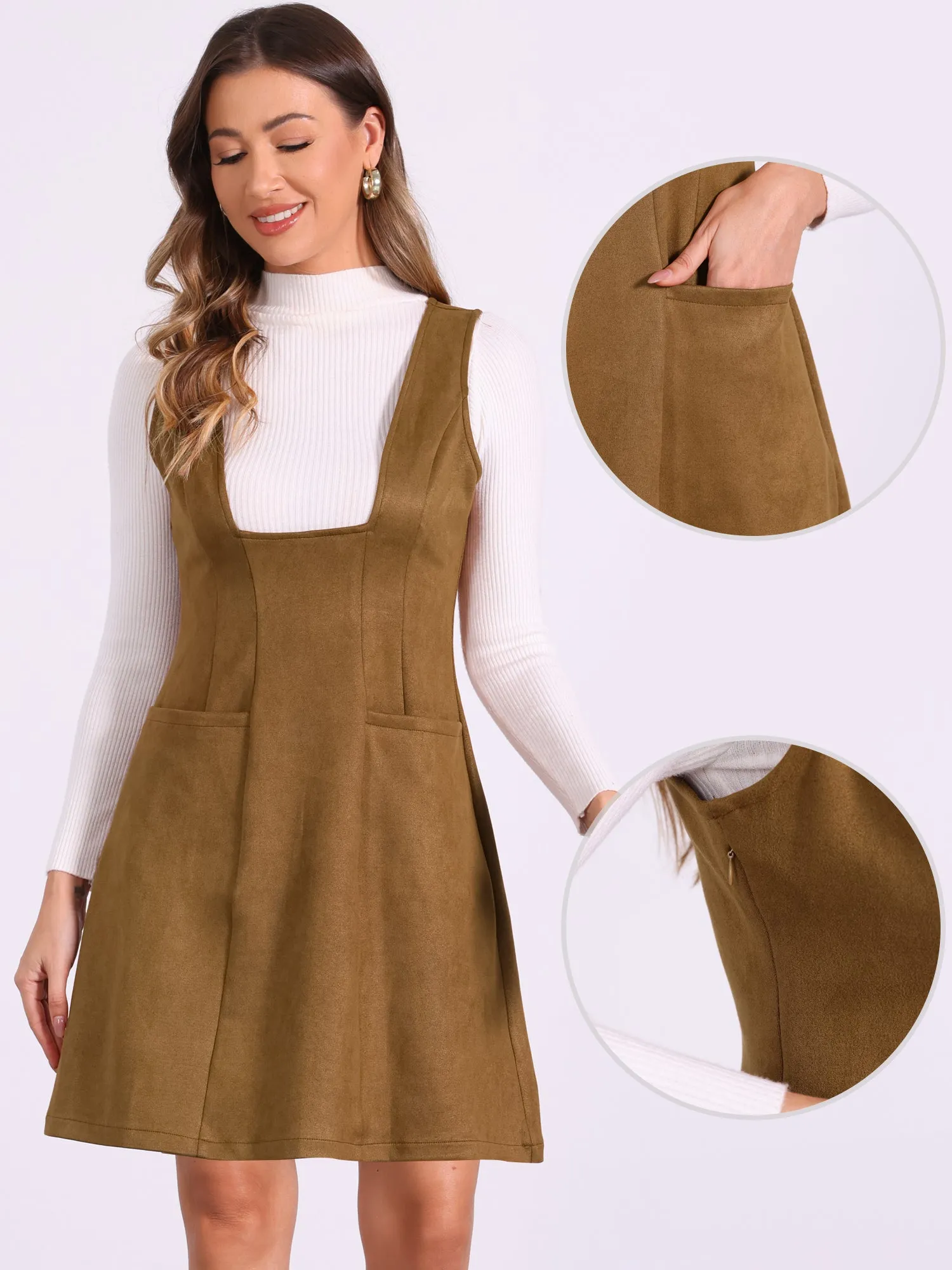 Sleeveless Pockets Faux Suede Pinafore Overall Dress sold by Allegra K product image thumbnail 2
