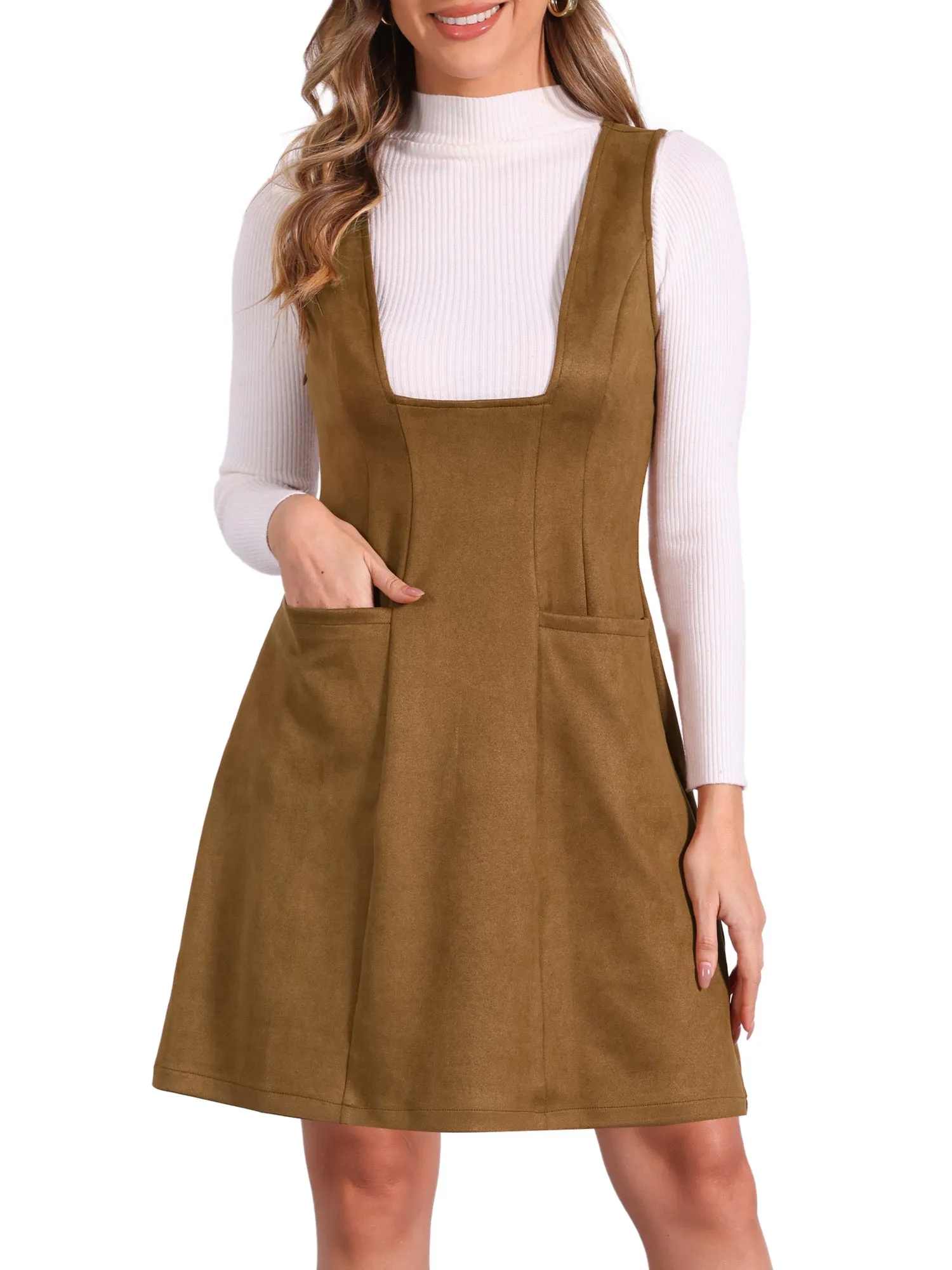 Sleeveless Pockets Faux Suede Pinafore Overall Dress sold by Allegra K product image thumbnail 5