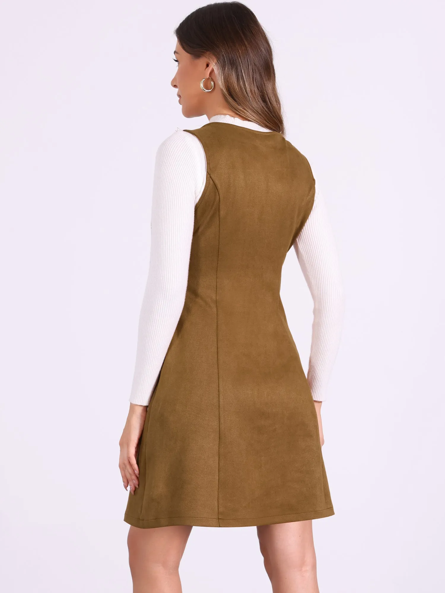 Sleeveless Pockets Faux Suede Pinafore Overall Dress sold by Allegra K product image thumbnail 3