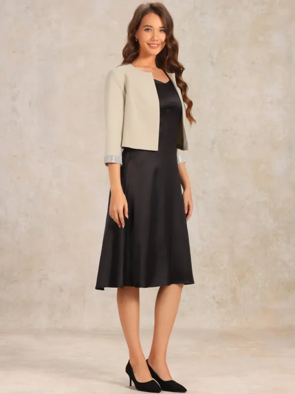 Open Front Glitter 3/4 Sleeves Collarless Cropped Jacket sold by Allegra K