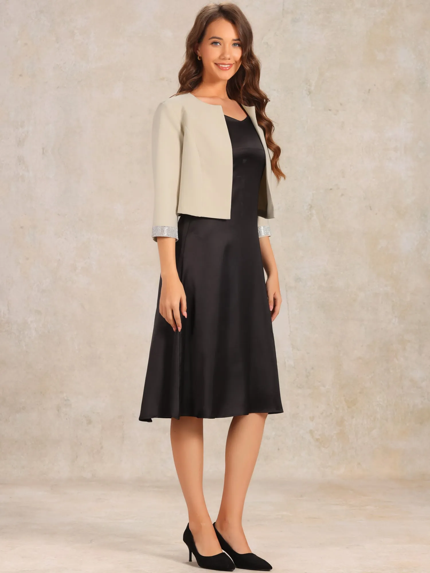 Open Front Glitter 3/4 Sleeves Collarless Cropped Jacket sold by Allegra K