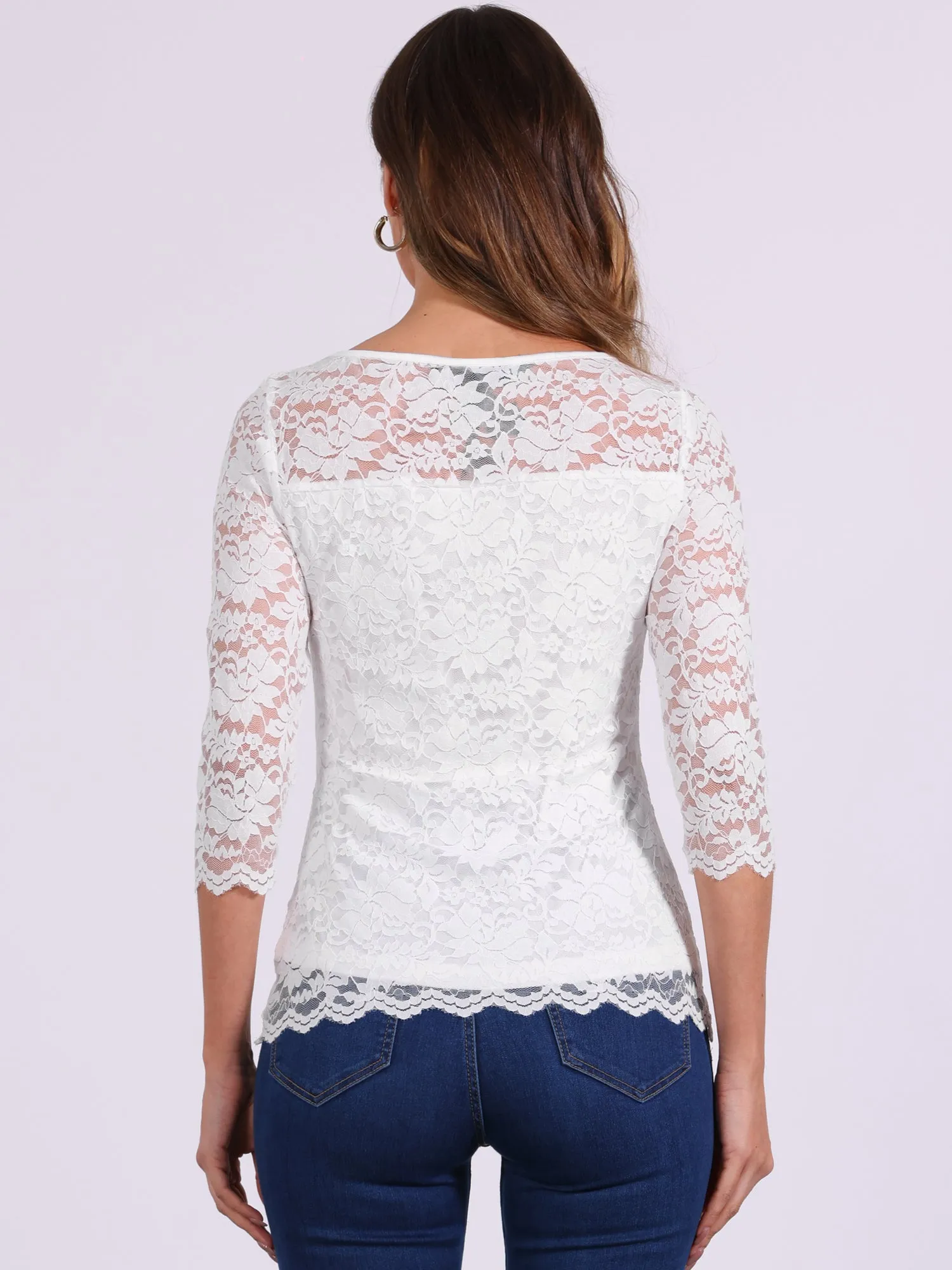 Floral Lace Sheer 3/4 Sleeve Boat Neck Blouse sold by Allegra K product image thumbnail 2
