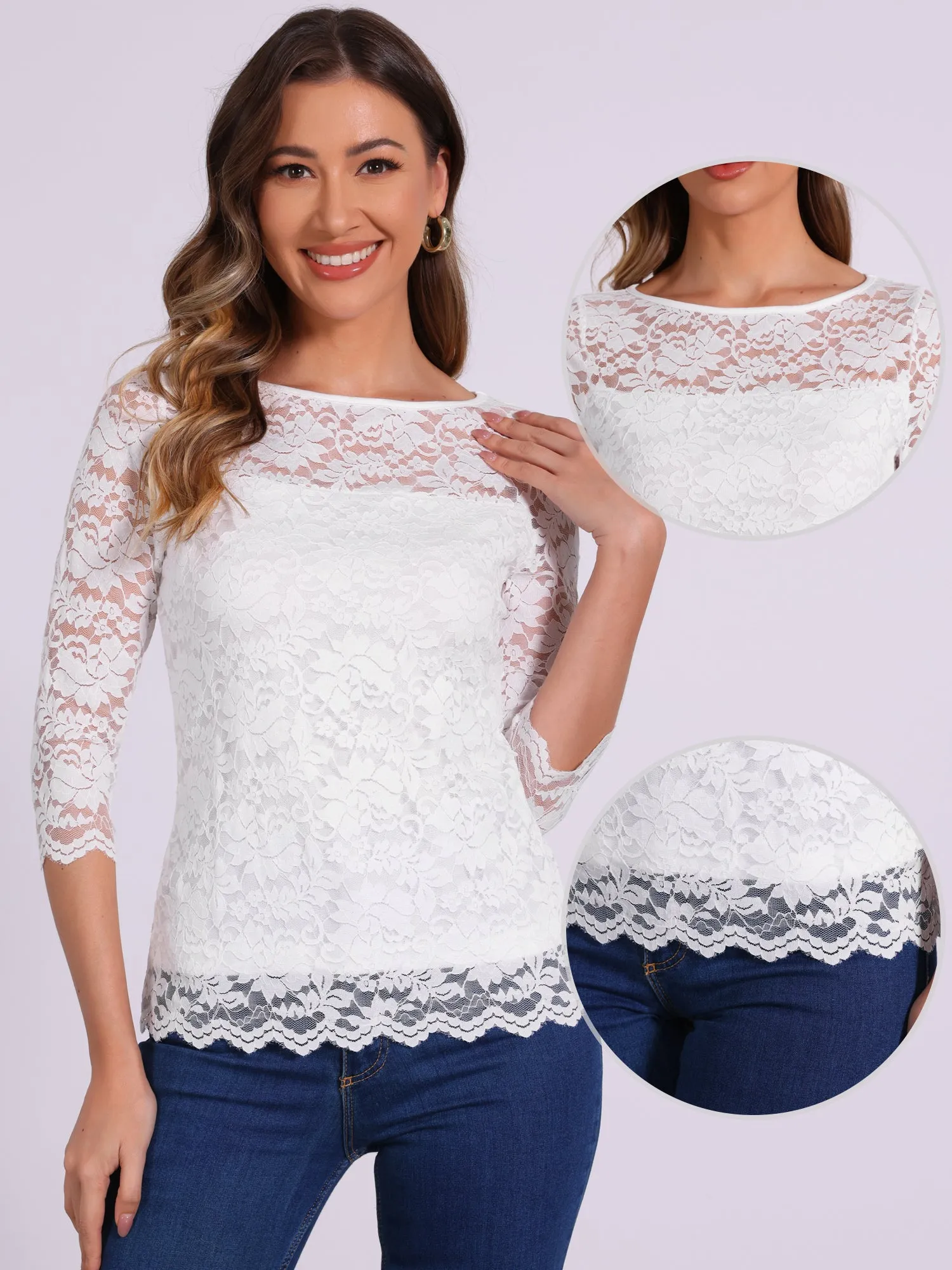 Floral Lace Sheer 3/4 Sleeve Boat Neck Blouse sold by Allegra K