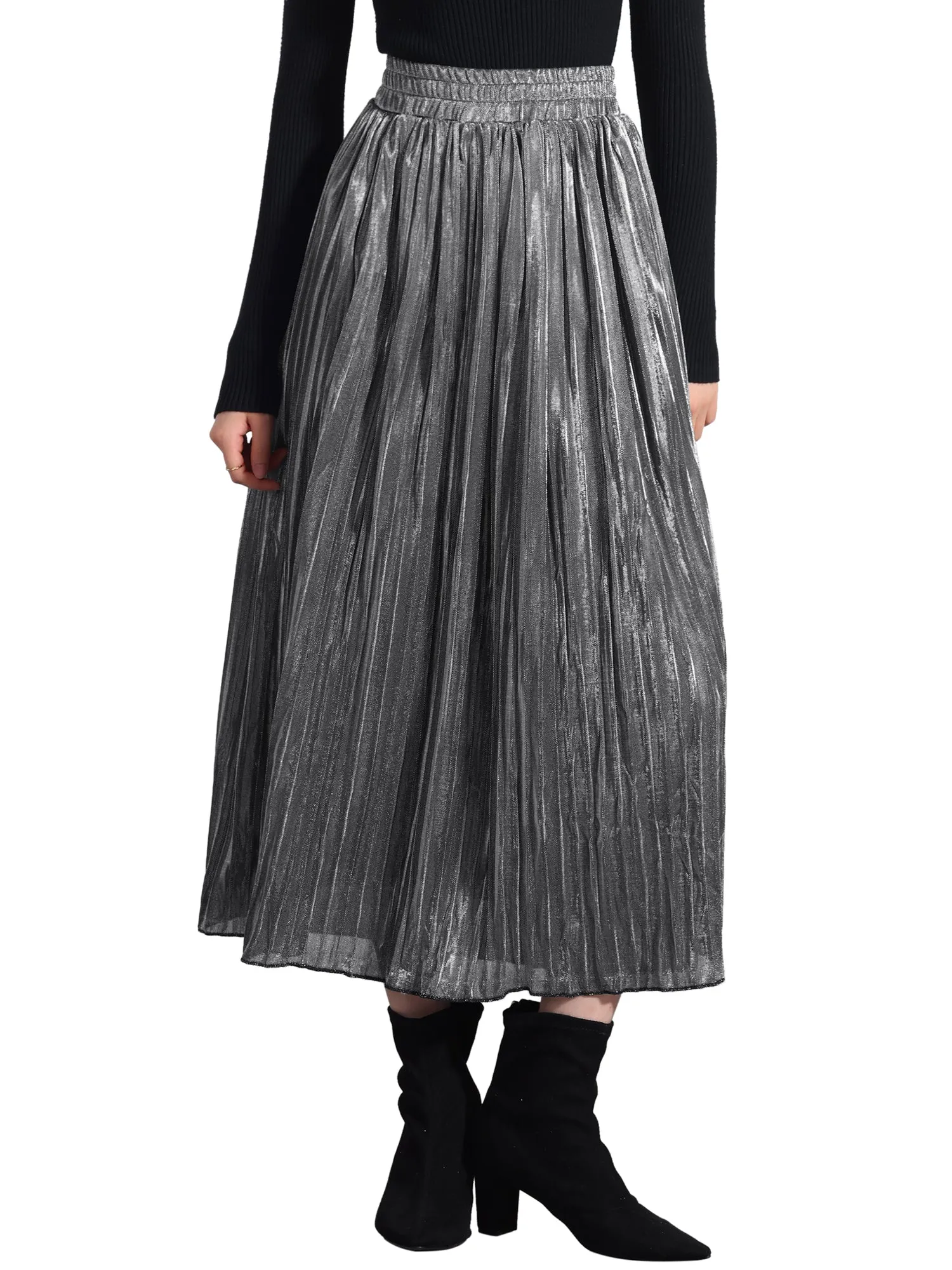 Metallic Shiny Glitter High Waist Flared Plaeted Midi Skirts sold by Allegra K product image thumbnail 4