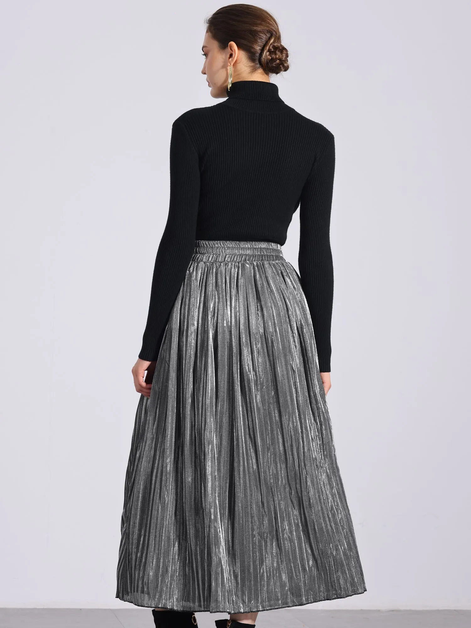 Metallic Shiny Glitter High Waist Flared Plaeted Midi Skirts sold by Allegra K product image thumbnail 3
