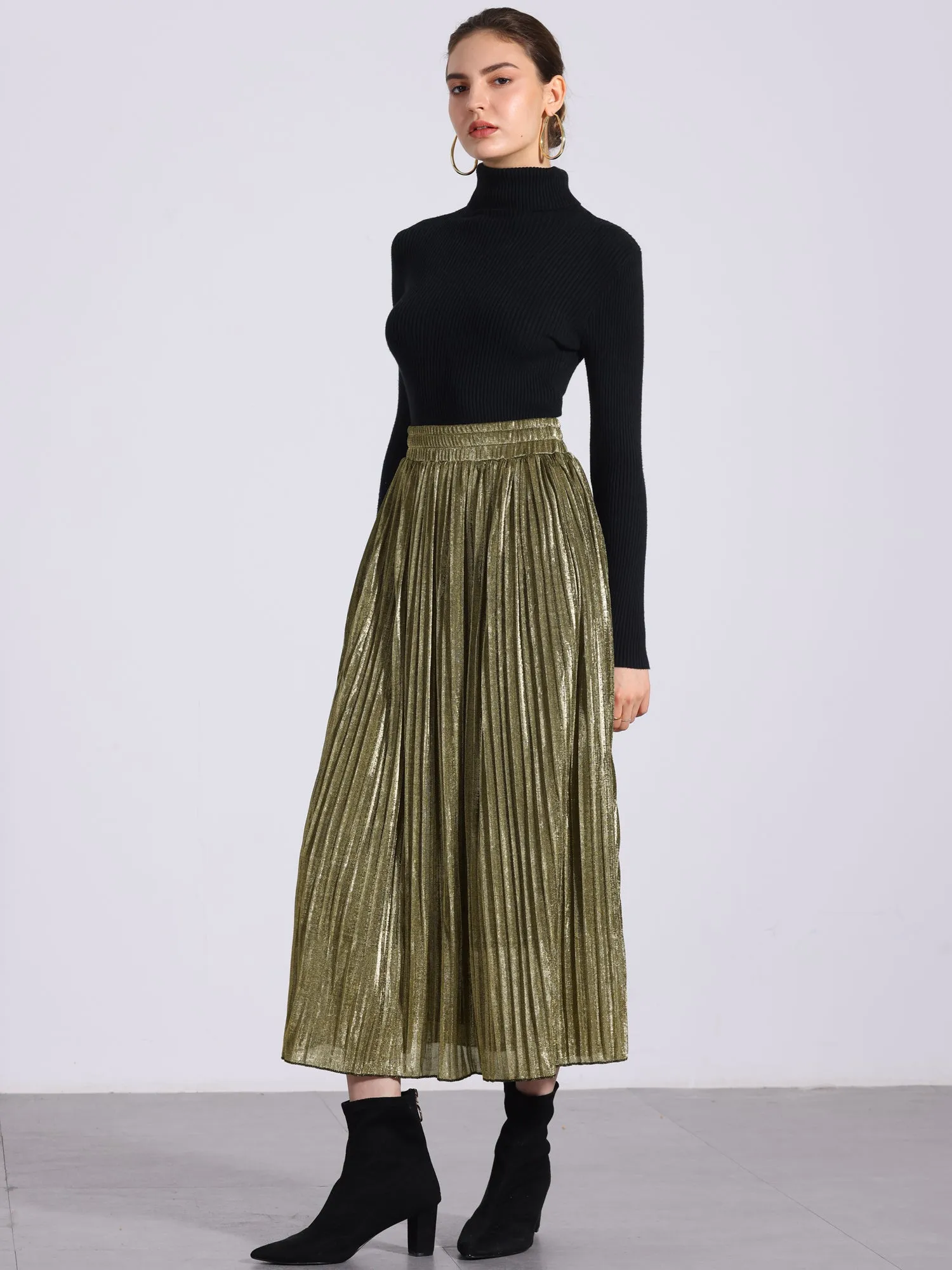 Metallic Shiny Glitter High Waist Flared Plaeted Midi Skirts sold by Allegra K product image thumbnail 5