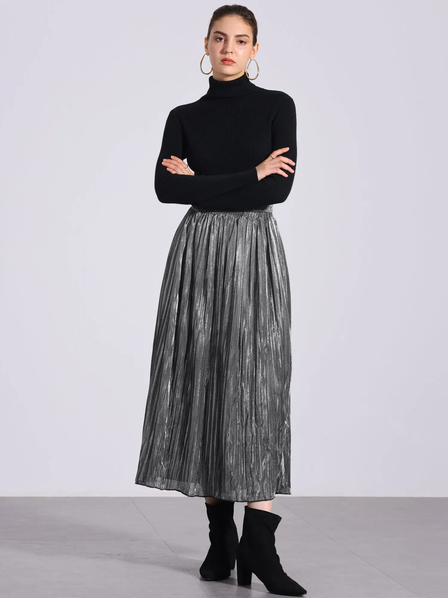 Metallic Shiny Glitter High Waist Flared Plaeted Midi Skirts sold by Allegra K product image thumbnail 2