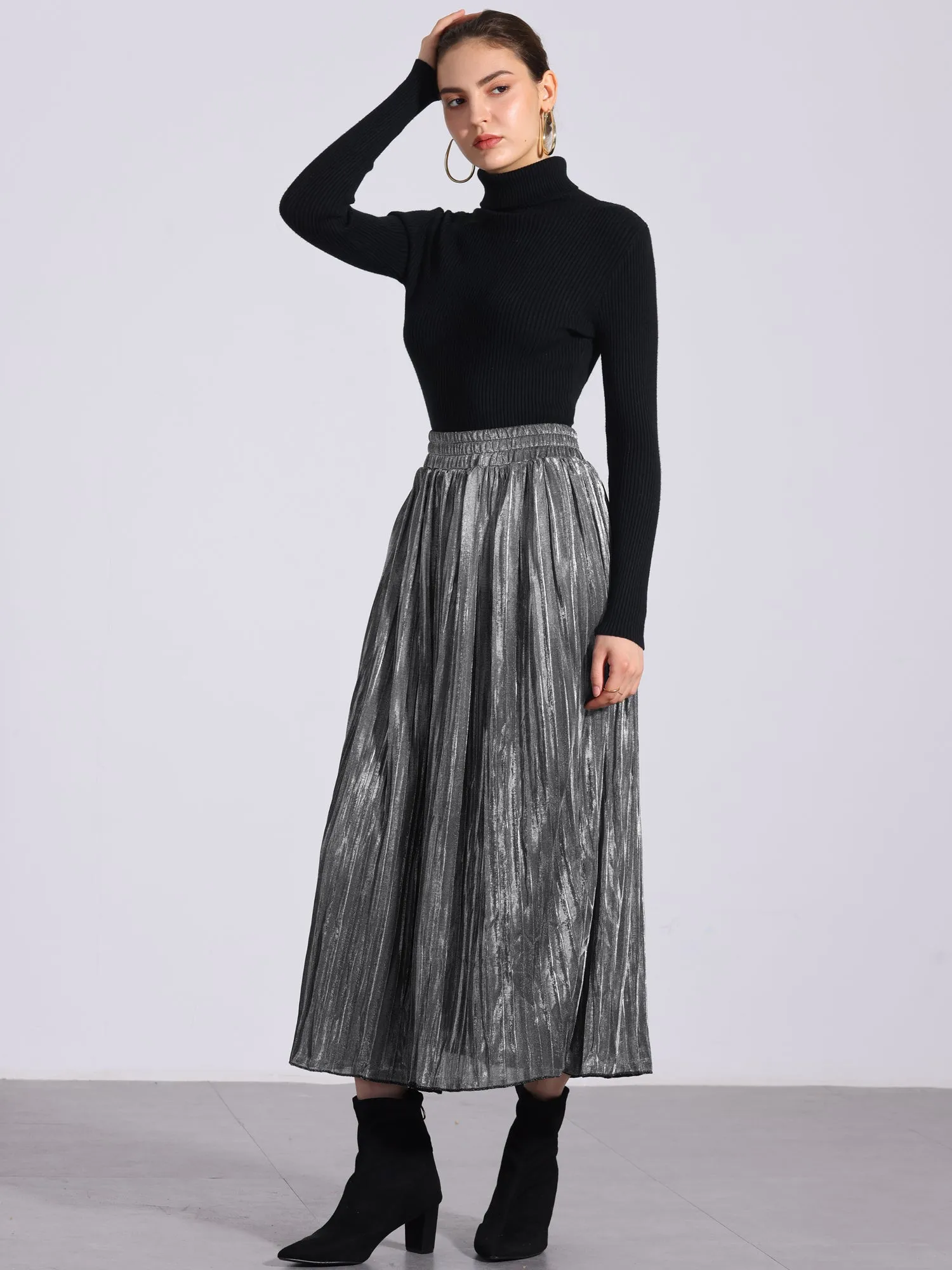 Metallic Shiny Glitter High Waist Flared Plaeted Midi Skirts sold by Allegra K