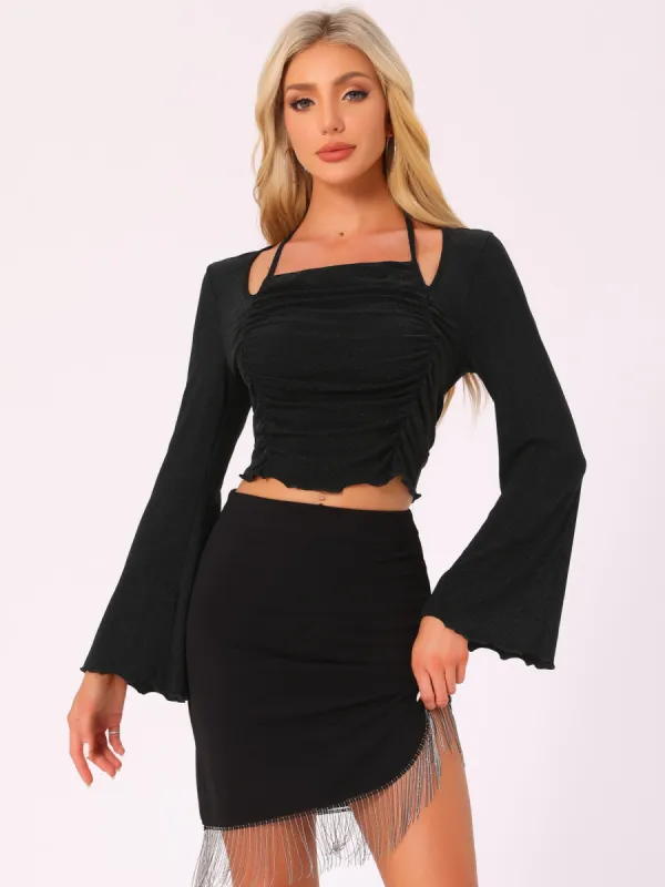 Flounce Long Sleeves Ruched Tie Back Crop Tops sold by Allegra K