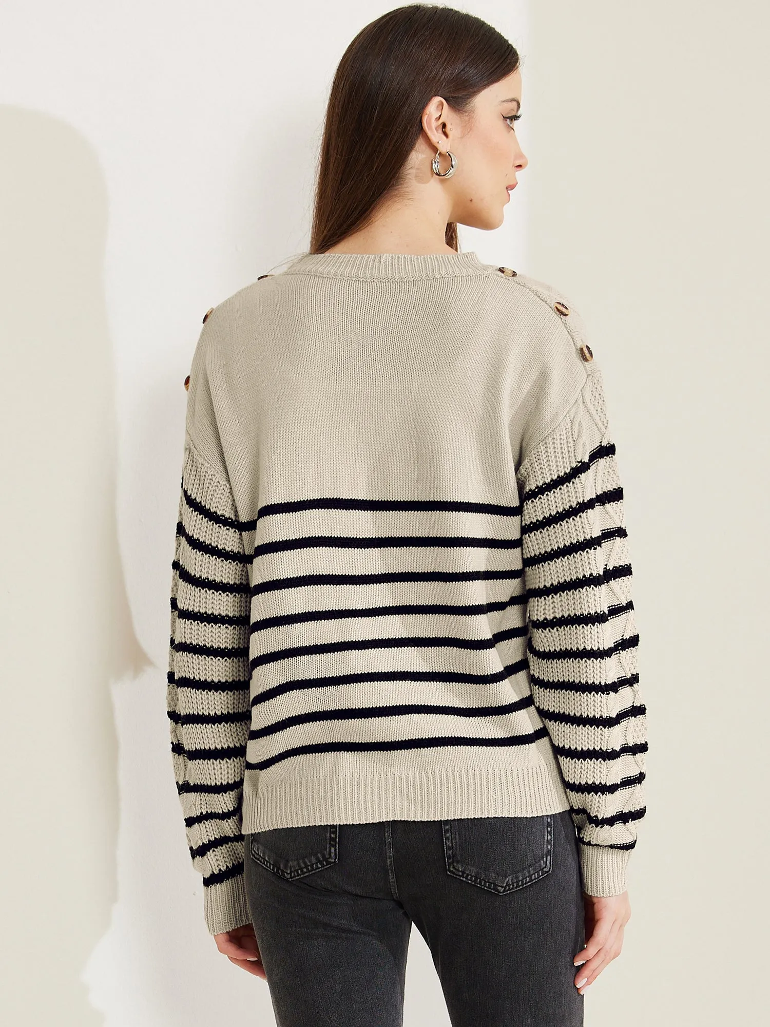 Striped Pullover Crew Neck Long Sleeve Cable Knitted Sweater sold by Allegra K product image thumbnail 3
