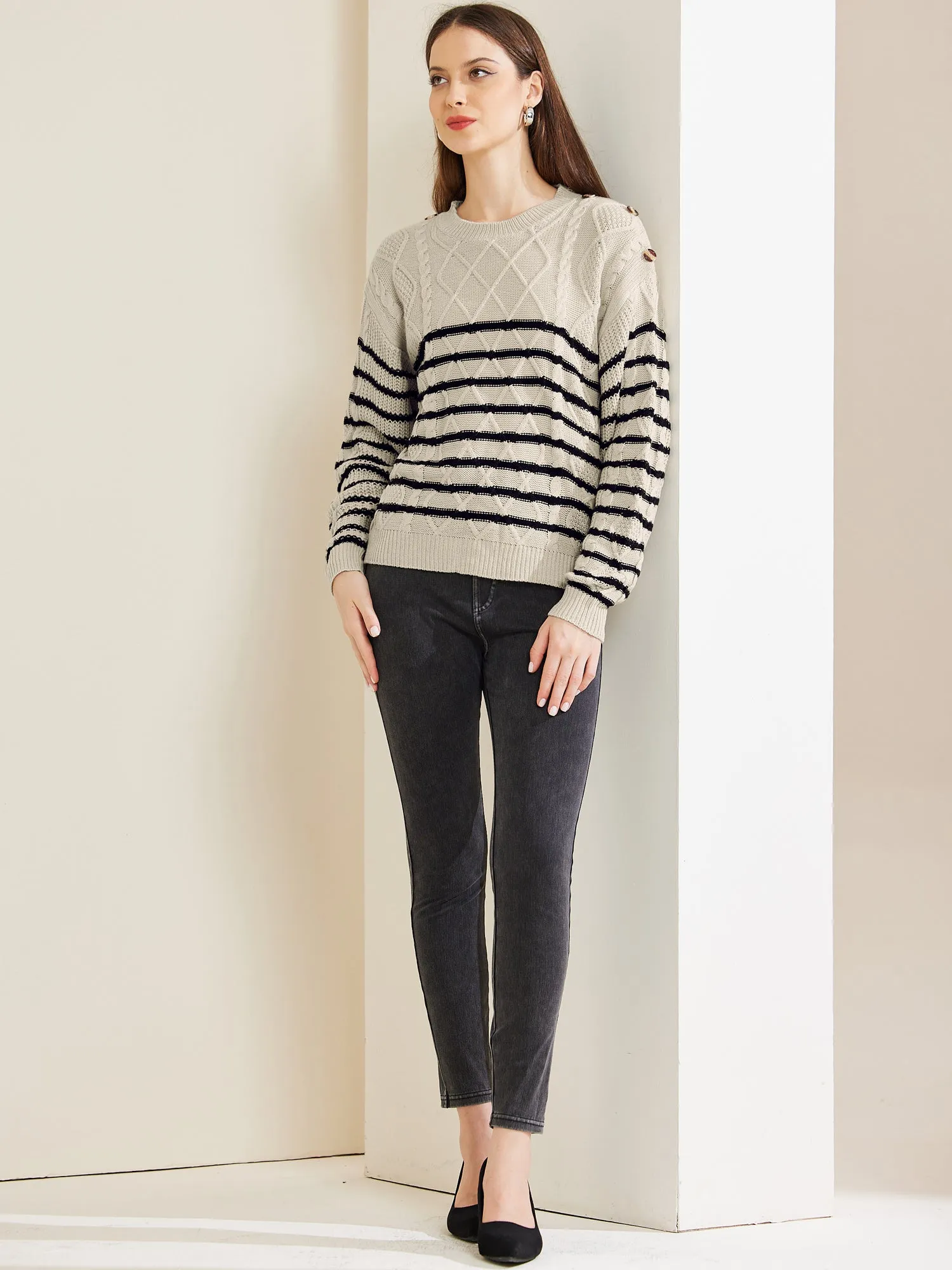 Striped Pullover Crew Neck Long Sleeve Cable Knitted Sweater sold by Allegra K product image thumbnail 2