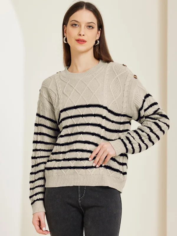 Striped Pullover Crew Neck Long Sleeve Cable Knitted Sweater sold by Allegra K