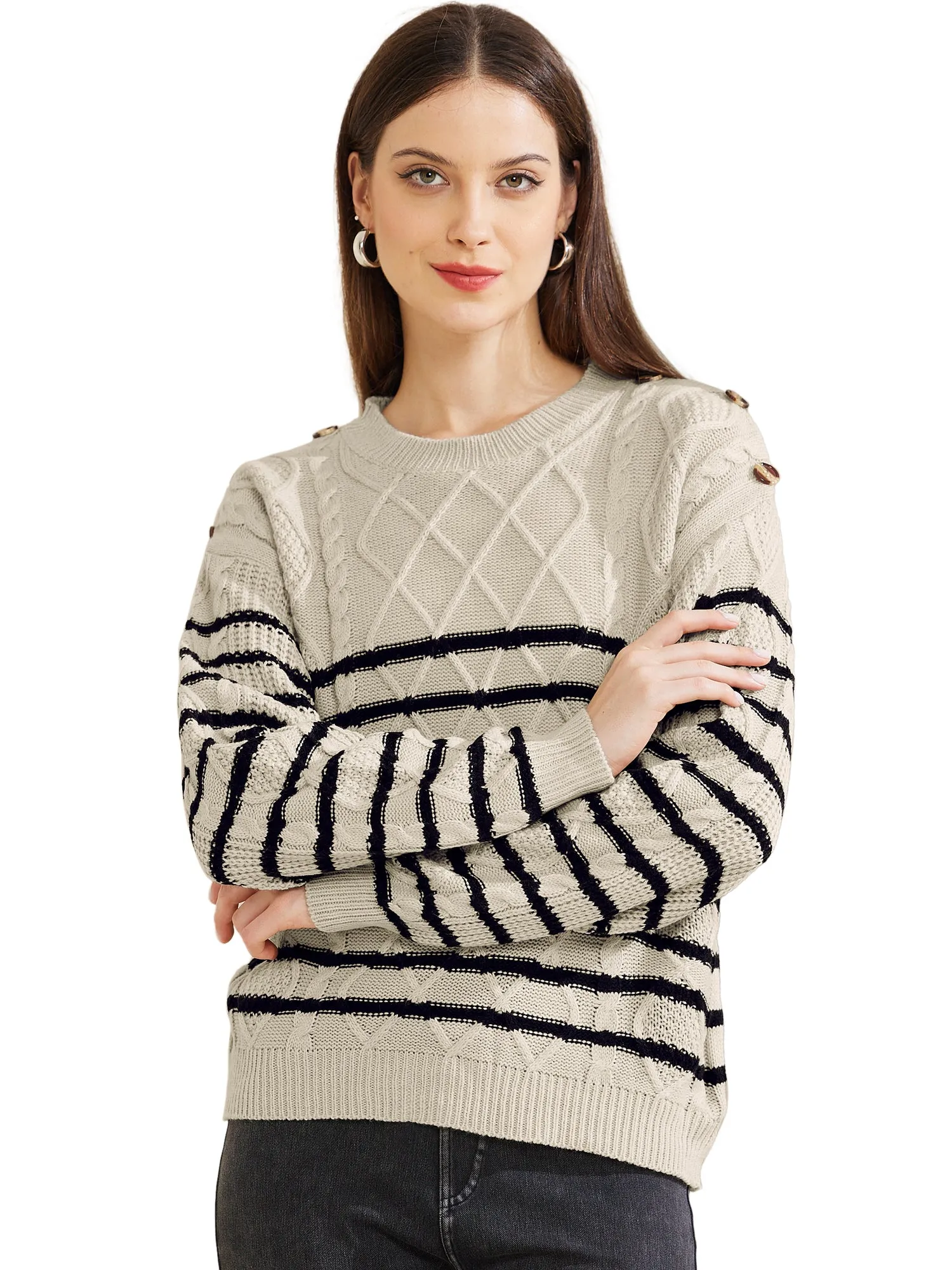 Striped Pullover Crew Neck Long Sleeve Cable Knitted Sweater sold by Allegra K product image thumbnail 5