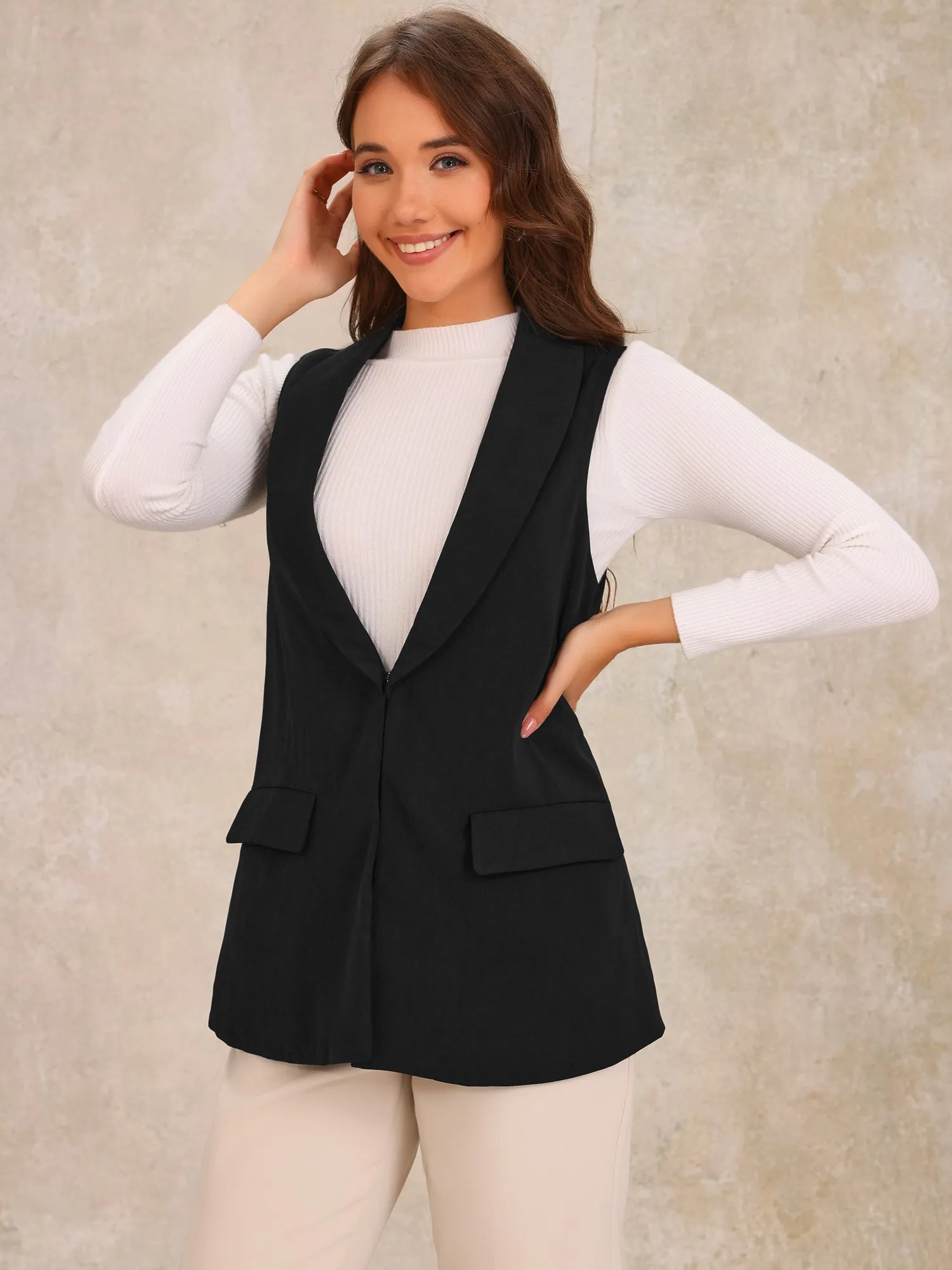 Sleeveless Shawl Collar Open Front Work Office Vest sold by Allegra K