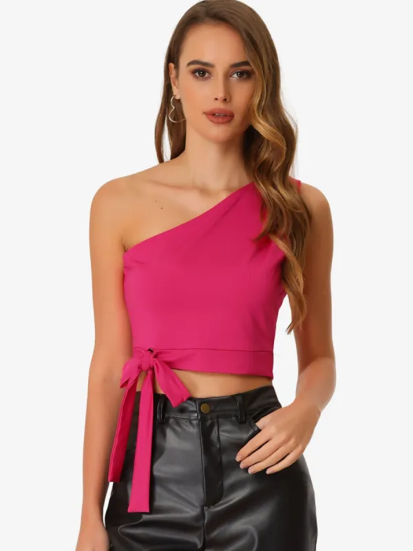 One Shoulder Crop Tank Top Sleeveless Solid Bowknot Cami Tops sold by Allegra K