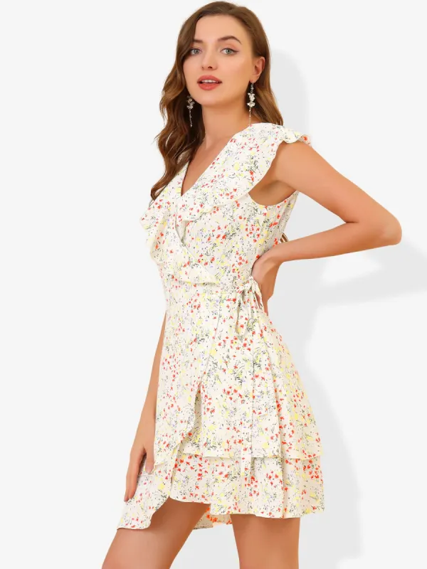 Boho Floral Wrap V Neck Ruffle Hem Sleeveless Mini Tulip Dress sold by Allegra K