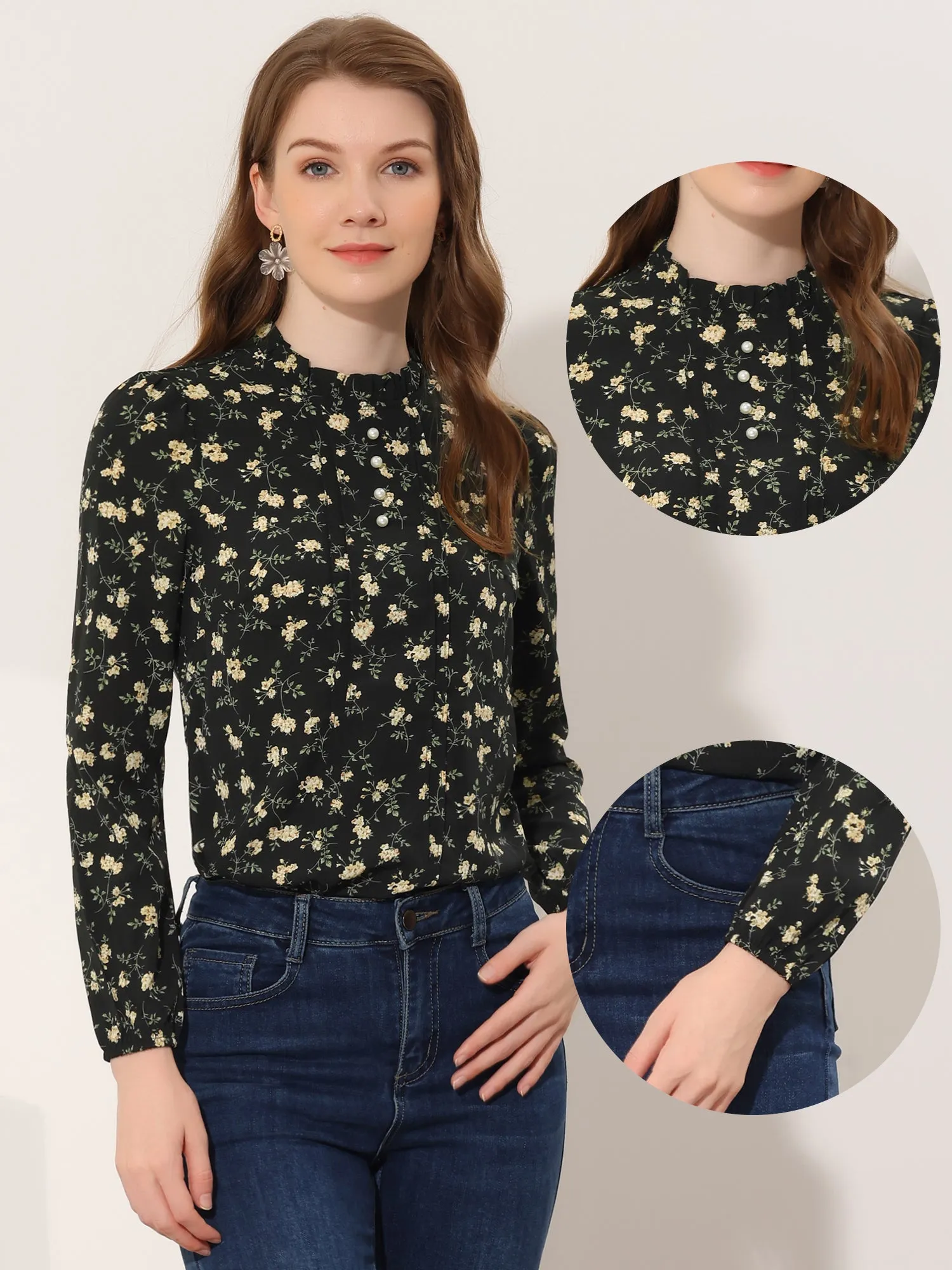 Floral Print Flounce Mock Neck Long Sleeve Work Blouse sold by Allegra K product image thumbnail 2