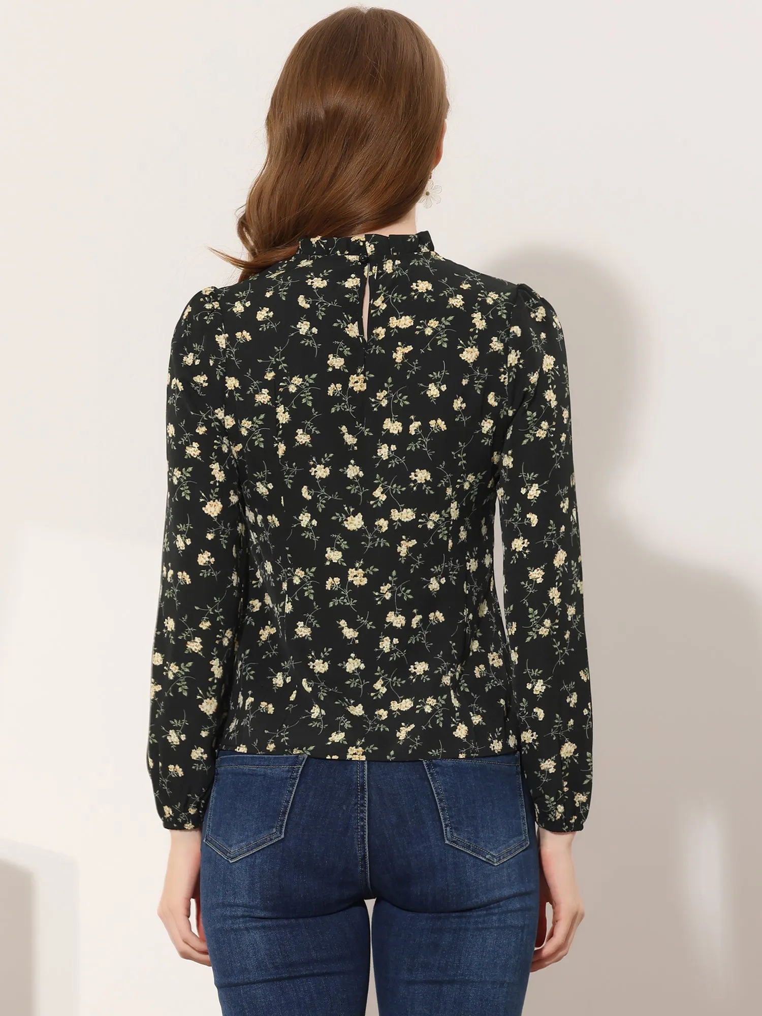 Floral Print Flounce Mock Neck Long Sleeve Work Blouse sold by Allegra K product image thumbnail 3