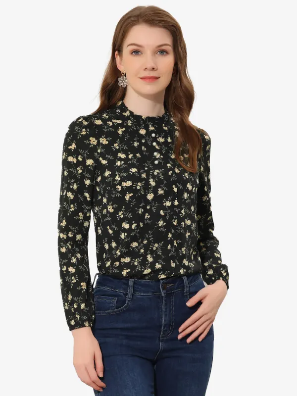 Floral Print Flounce Mock Neck Long Sleeve Work Blouse sold by Allegra K