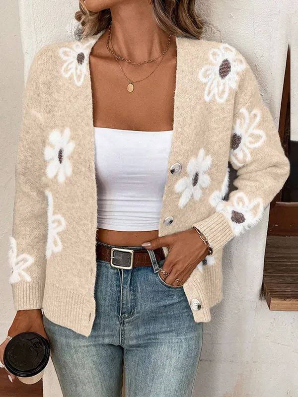 Floral Button Front Long Sleeves Knitted Cardigan sold by Allegra K
