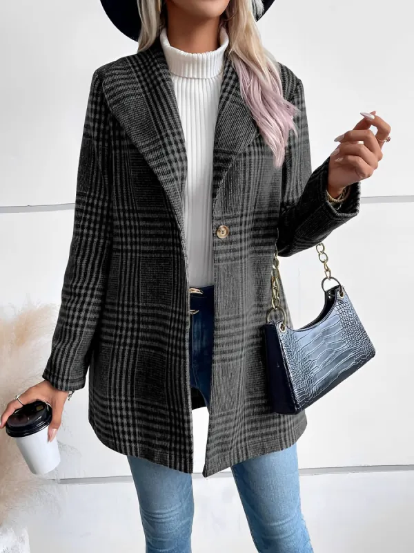 Lapel Plaid One Button Long Sleeves Coat sold by Allegra K
