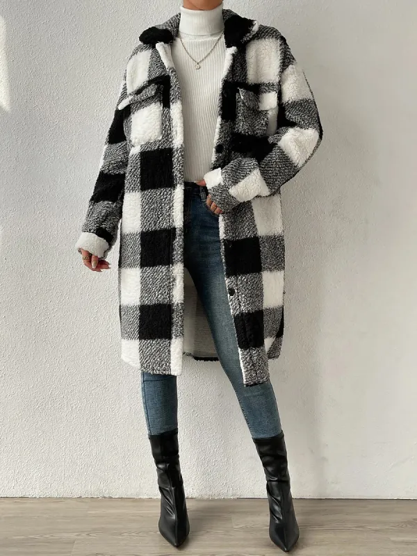 Laple Pocketed Plaid Long Sleeves Fleece Jacket sold by Allegra K