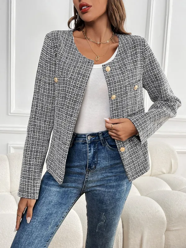 Tweed Plaid Collarless Long Sleeves Buttoned Jacket sold by Allegra K
