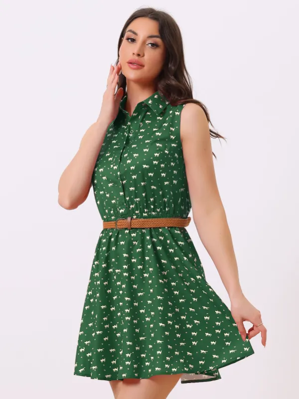 Sleeveless Printed Half Placket Above Knee Belted Dress sold by Allegra K