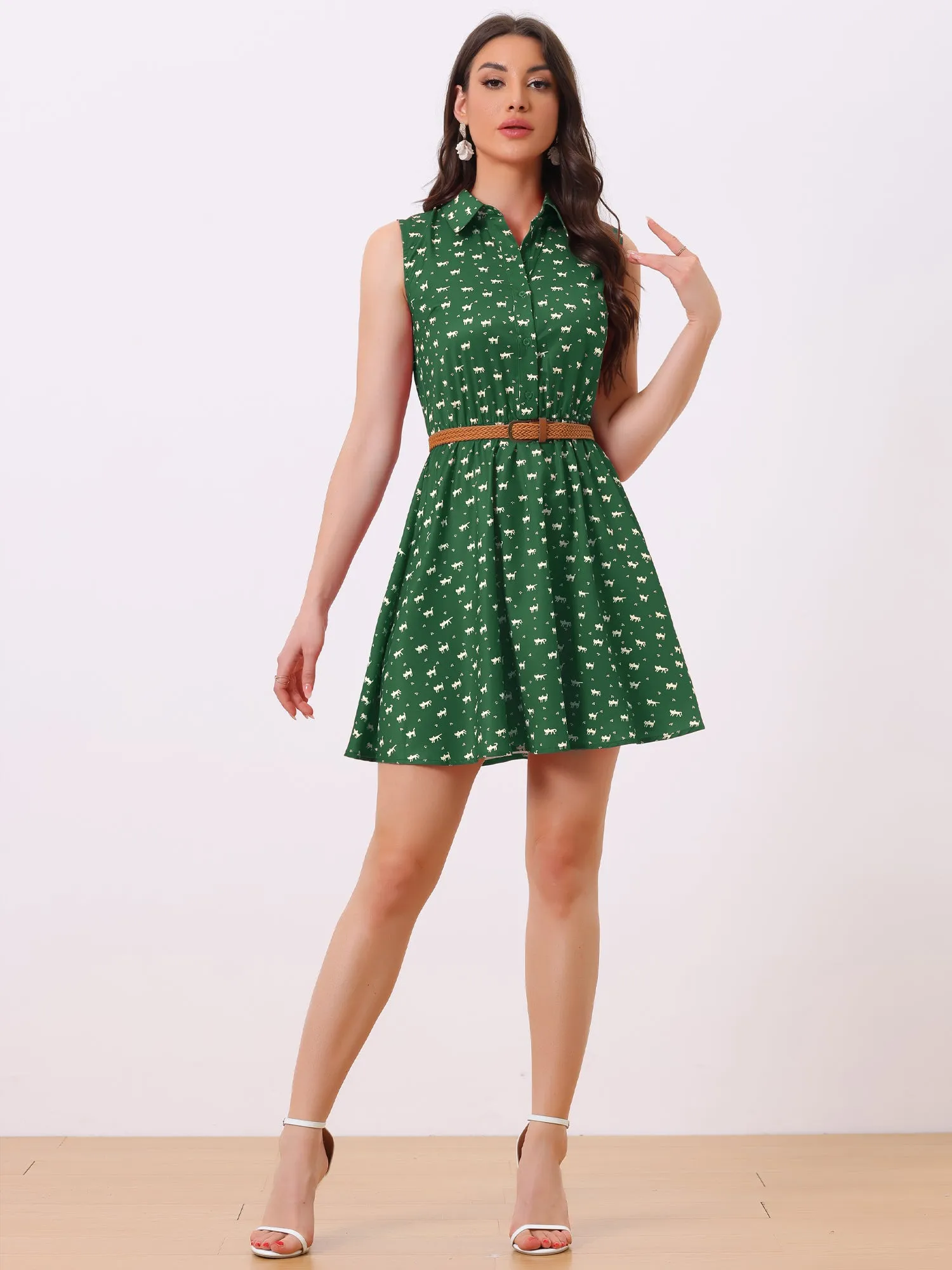 Sleeveless Printed Half Placket Above Knee Belted Dress sold by Allegra K product image thumbnail 2