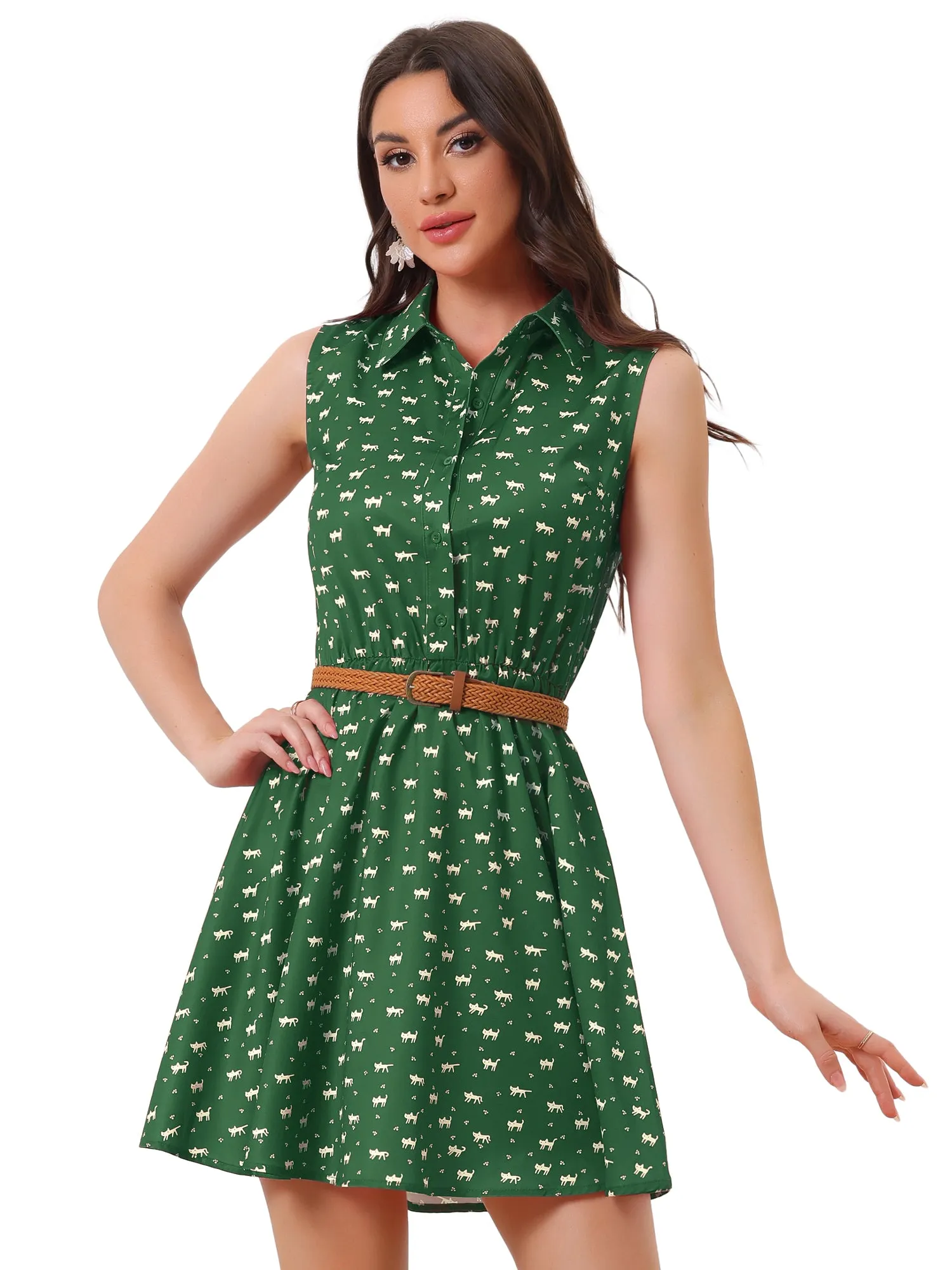 Sleeveless Printed Half Placket Above Knee Belted Dress sold by Allegra K product image thumbnail 5
