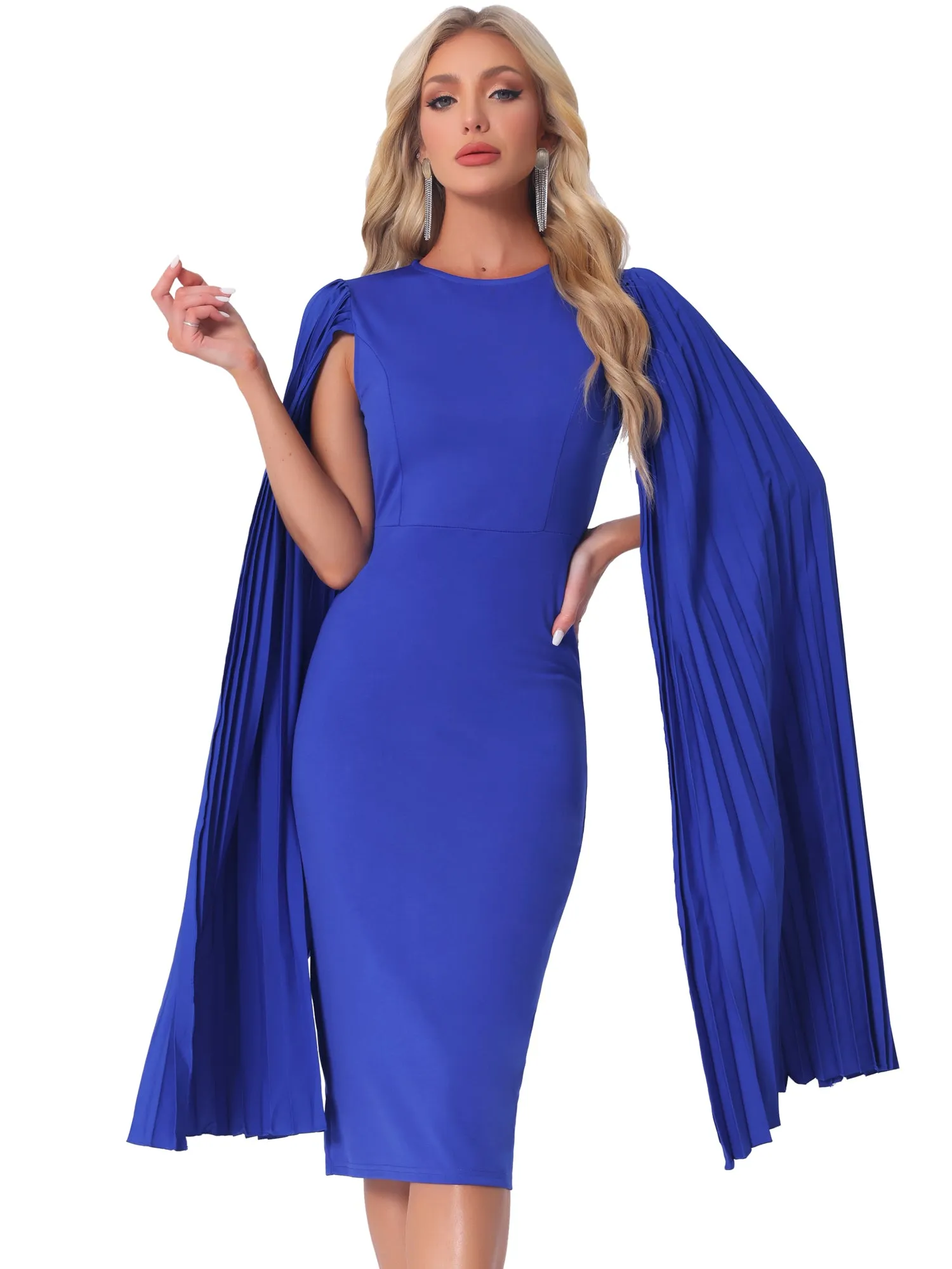 Pleated Cloak Long Sleeves Midi Sheath Dress sold by Allegra K product image thumbnail 5