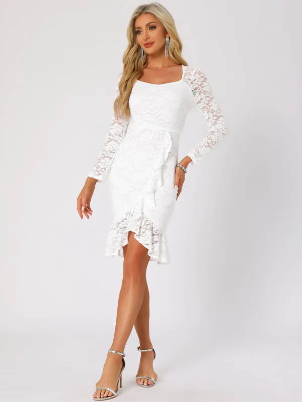 Square Neck Lace Long Sleeves Mermaid Midi Dress sold by Allegra K