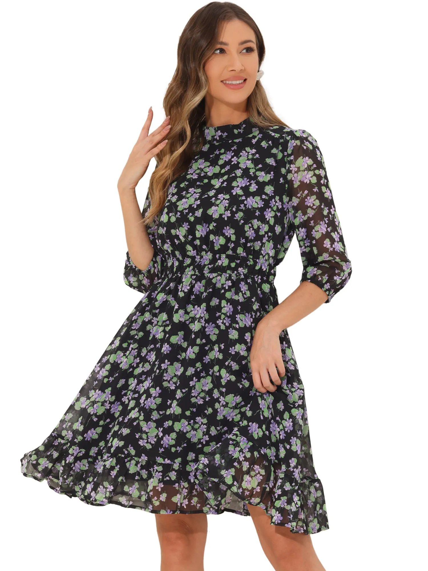 Floral Casual Mock Neck Chiffon A-Line Midi Dress sold by Allegra K product image thumbnail 5